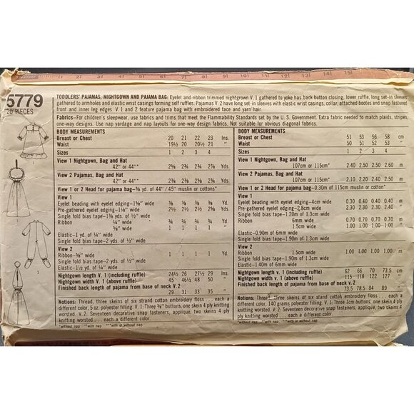 Vintage Simplicity 5779 Toddler Pajamas Nightgown & Pajama Bag Sewing Pattern - Picture 2 of 2